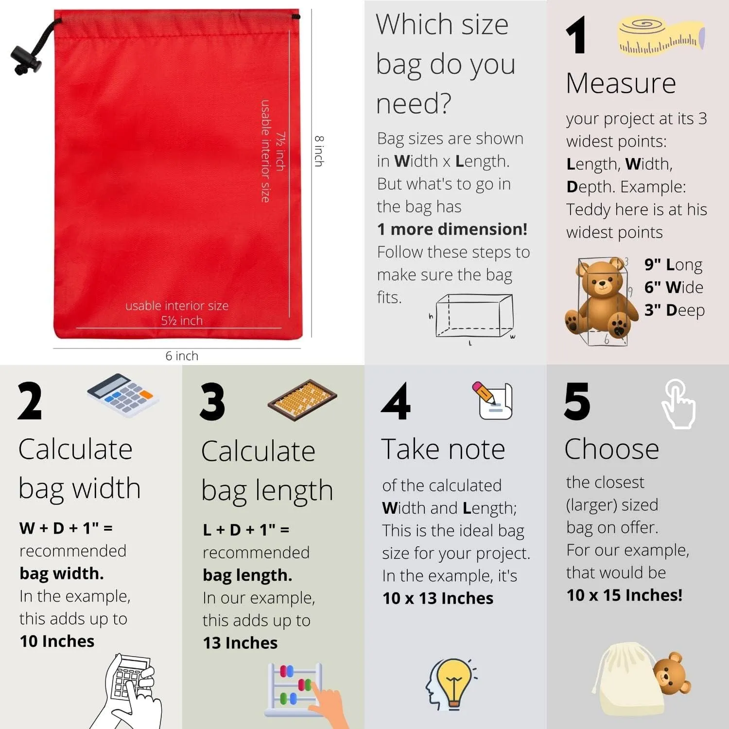 Drawstring Bag - Nylon Cinch and Ditty Stuff Pouch with Toggle (6 x 8-12 pack, Red)