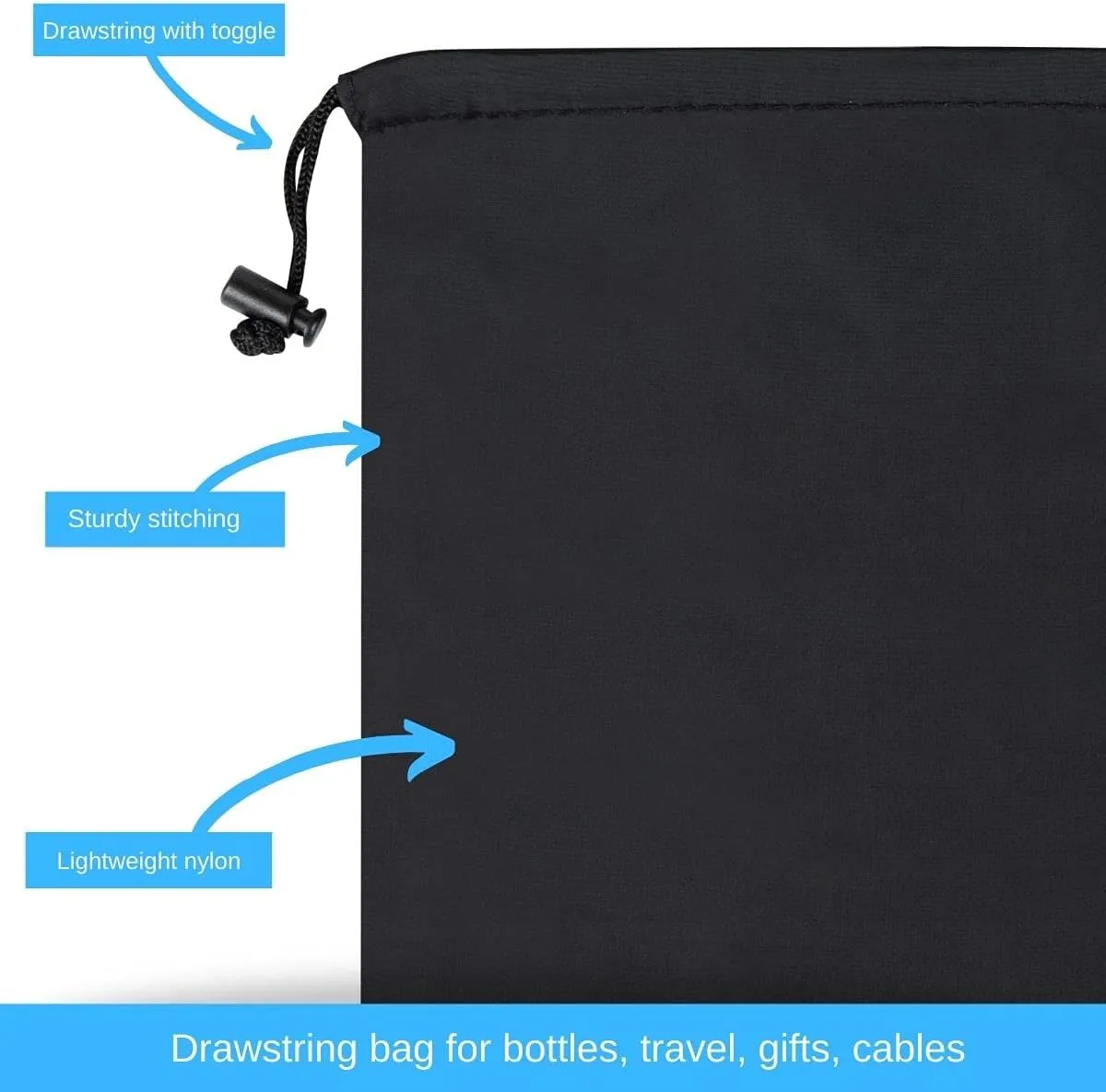 Drawstring Bag - UltraLight Nylon Cinch and Ditty Pouch For Home, Office, Outdoor (5 pack, Black) (Black, 9 x 12 inch)
