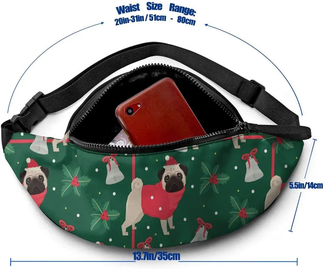 Dujiea Fanny Pack, Christmas Pug Waist Bag with Headphone Hole Belt Bag Adjustable Sling Pocket Fashion Hip Bum Bag for Women Men Kids Outdoors Casual Travelling Hiking Cycling