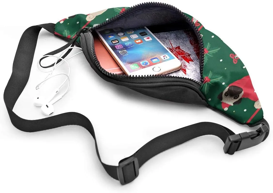 Dujiea Fanny Pack, Christmas Pug Waist Bag with Headphone Hole Belt Bag Adjustable Sling Pocket Fashion Hip Bum Bag for Women Men Kids Outdoors Casual Travelling Hiking Cycling
