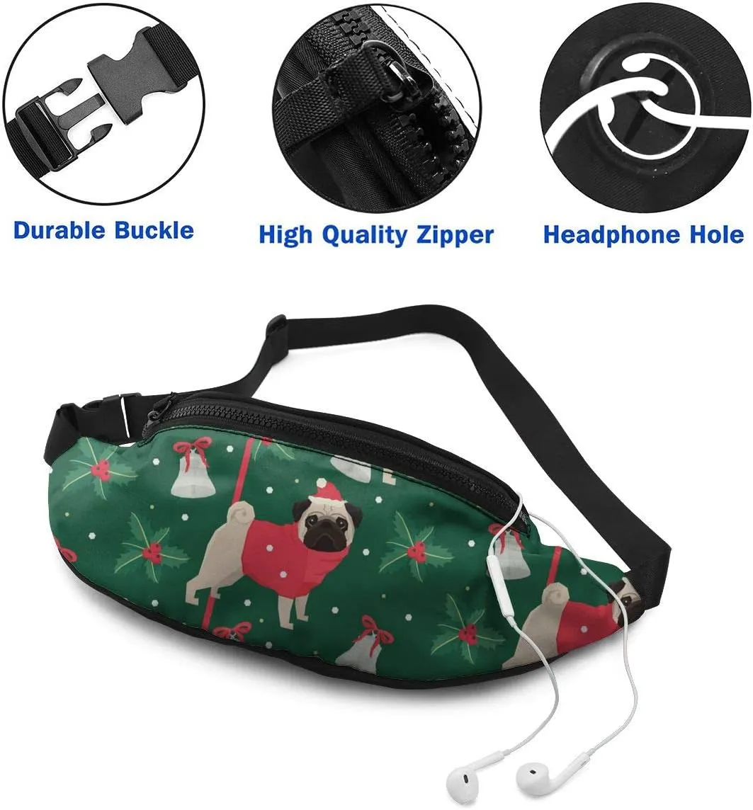 Dujiea Fanny Pack, Christmas Pug Waist Bag with Headphone Hole Belt Bag Adjustable Sling Pocket Fashion Hip Bum Bag for Women Men Kids Outdoors Casual Travelling Hiking Cycling