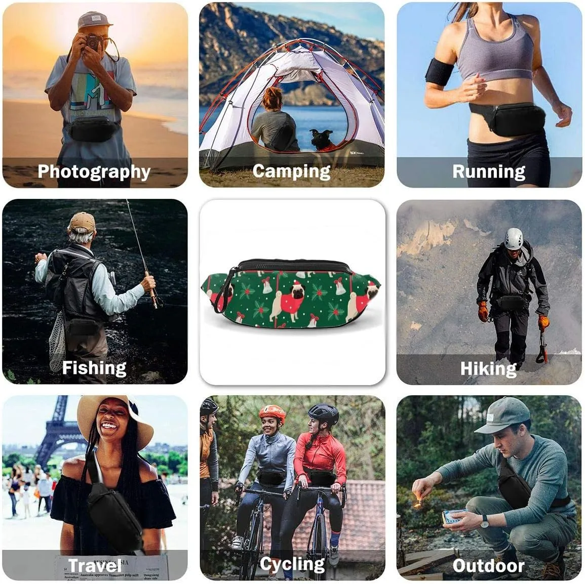 Dujiea Fanny Pack, Christmas Pug Waist Bag with Headphone Hole Belt Bag Adjustable Sling Pocket Fashion Hip Bum Bag for Women Men Kids Outdoors Casual Travelling Hiking Cycling
