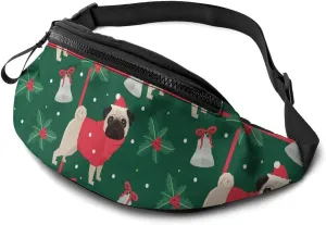 Dujiea Fanny Pack, Christmas Pug Waist Bag with Headphone Hole Belt Bag Adjustable Sling Pocket Fashion Hip Bum Bag for Women Men Kids Outdoors Casual Travelling Hiking Cycling