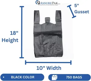 Easy Open - Black Unprinted HDPE T-Shirt Bags - 1/8 BBL 10"X5"X18" - 750 Bags - 16 microns - Black - 2007530-EO