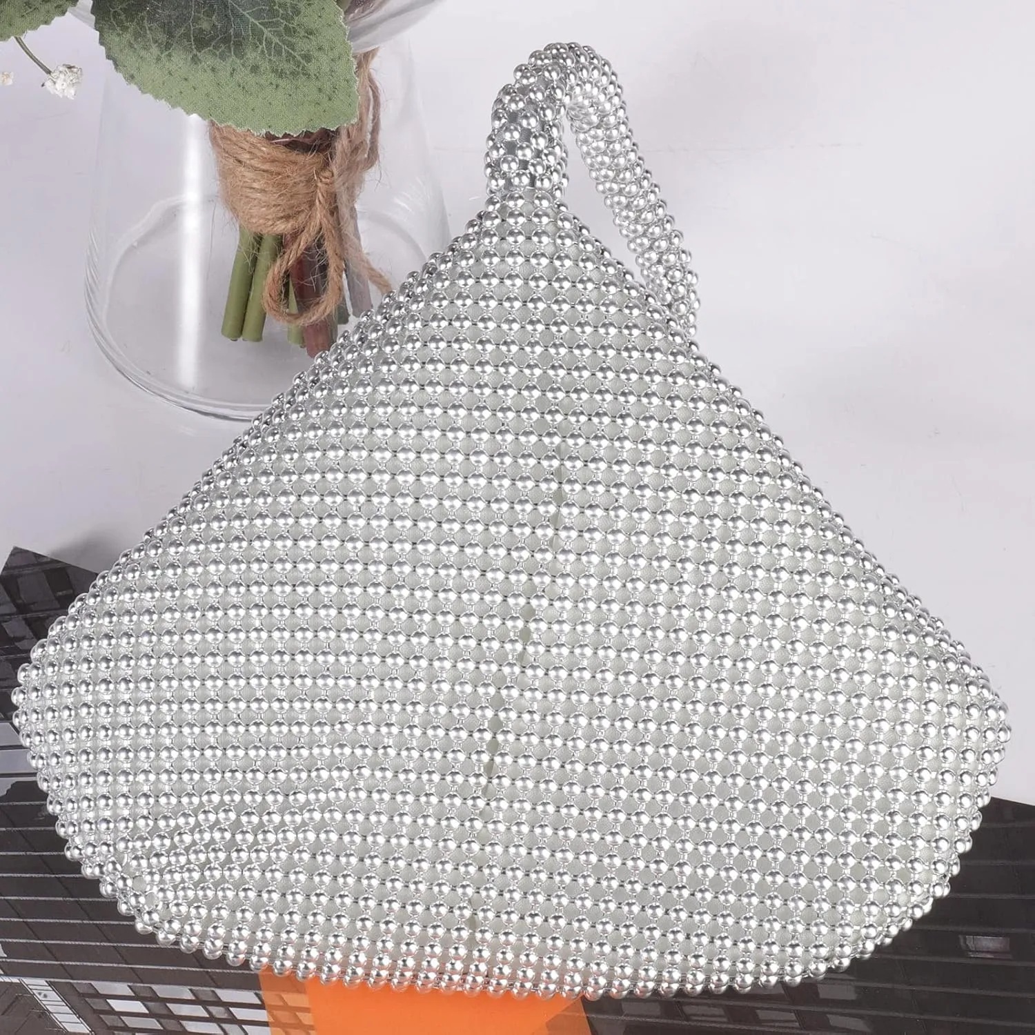 ele ELEOPTION Women Silver Beaded Clutch Purse Women's Evening Clutch Triangle Lady Evening Bag for Cocktail Wedding Party for 6.0inch Android IOS Phones