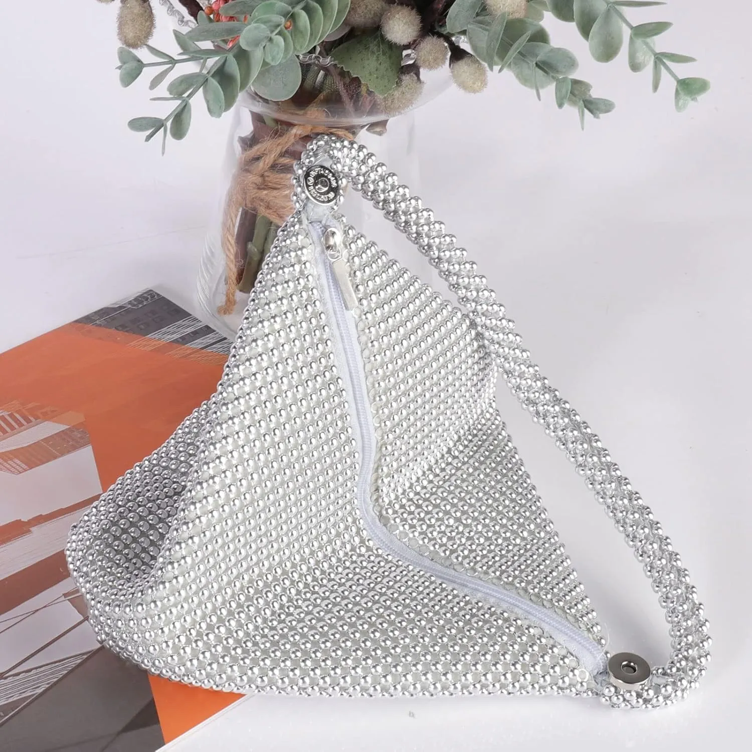 ele ELEOPTION Women Silver Beaded Clutch Purse Women's Evening Clutch Triangle Lady Evening Bag for Cocktail Wedding Party for 6.0inch Android IOS Phones