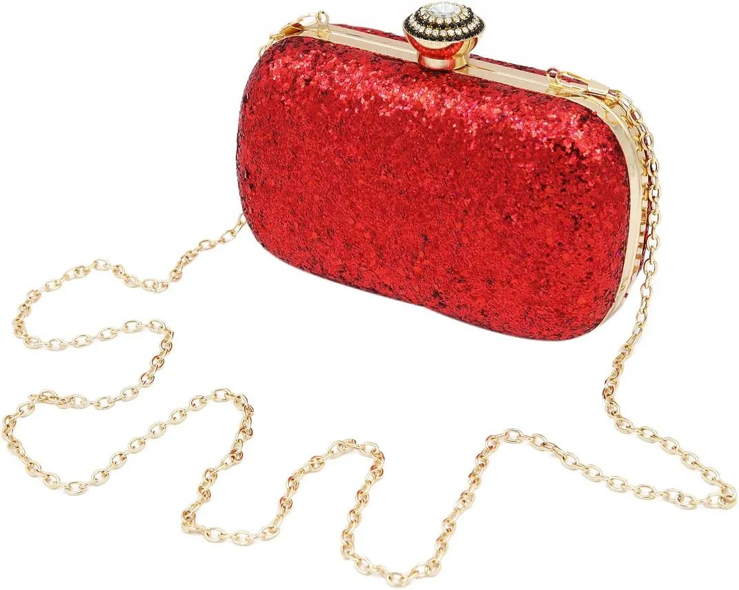 Elegant Glitter Flakes Sequin Hard Clutch Rhinestones Top Evening Bag - 4 Colors