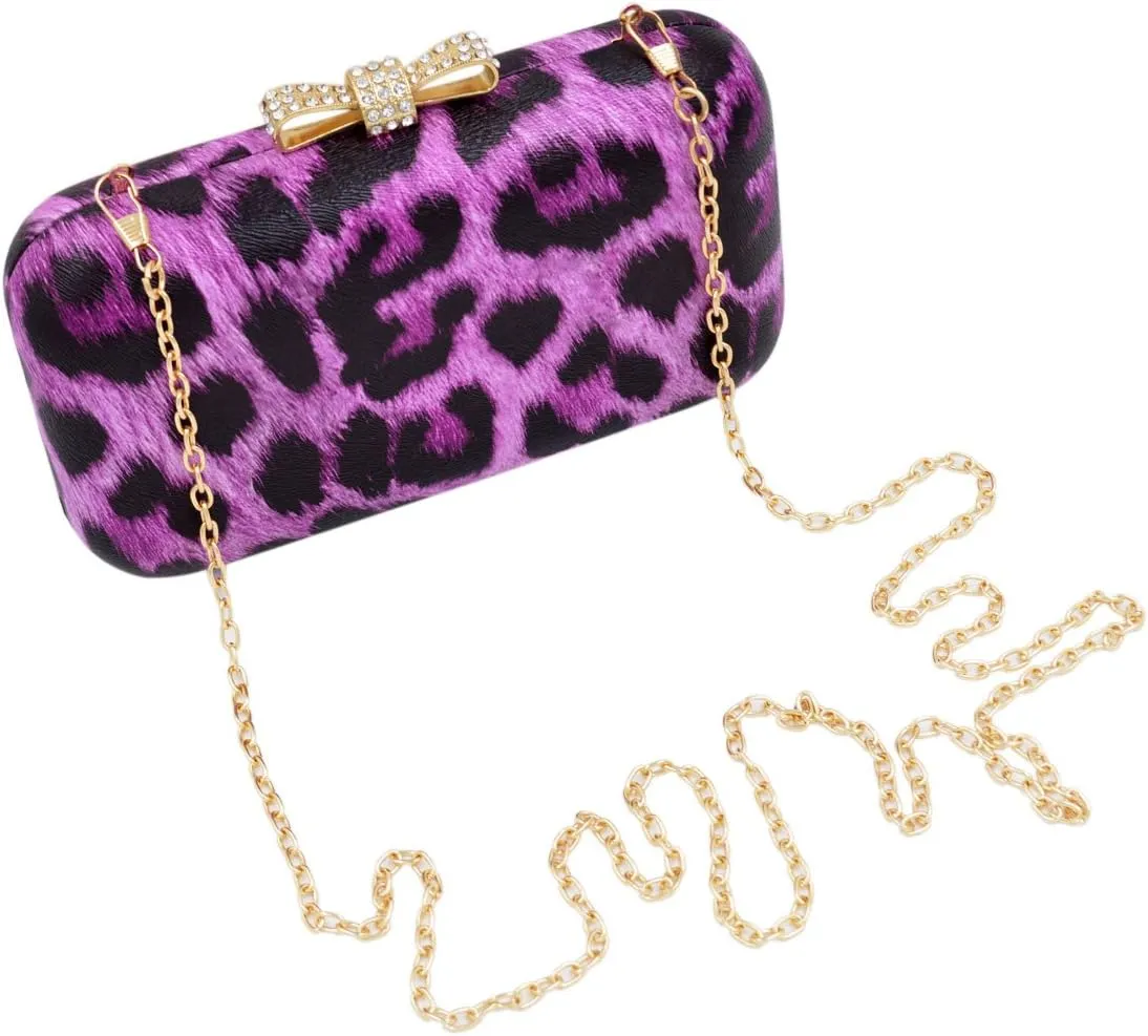 Elegant Leopard PU Leather Crystal Bow Top Hard Clutch Evening Bag Handbag
