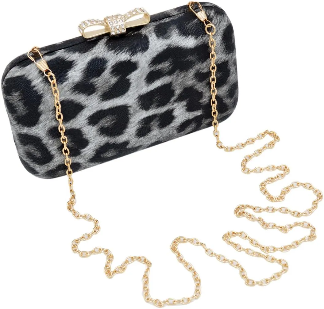 Elegant Leopard PU Leather Crystal Bow Top Hard Clutch Evening Bag Handbag