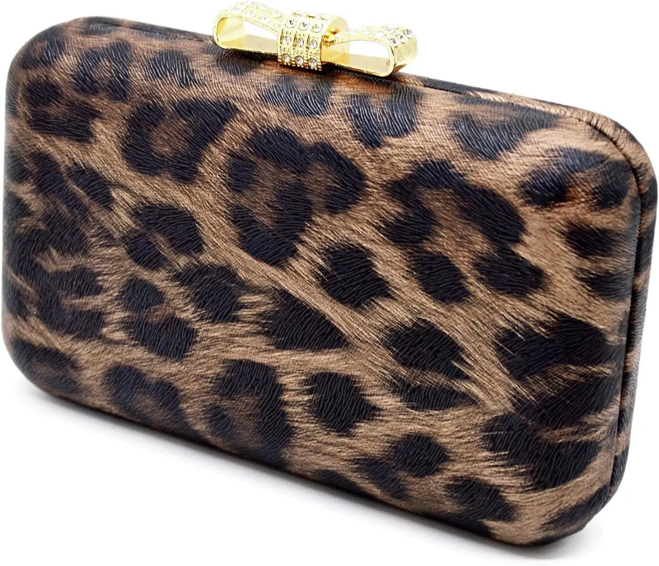 Elegant Leopard PU Leather Crystal Bow Top Hard Clutch Evening Bag Handbag