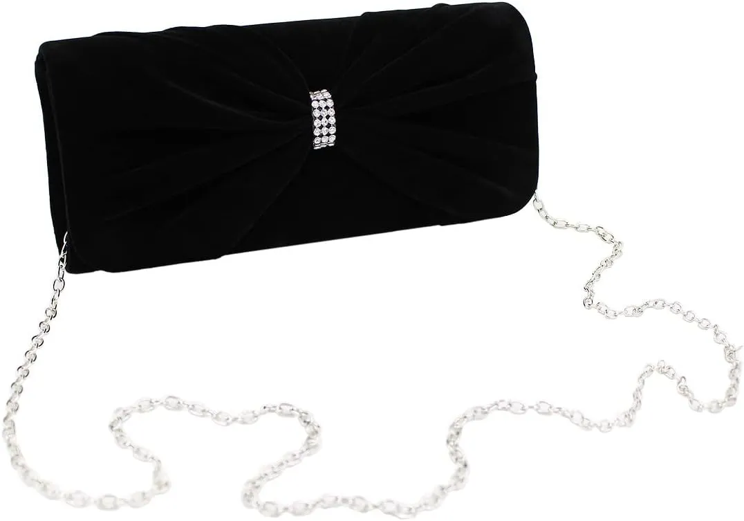 Elegant Rhinestone Bow Front Velvet Clutch Evening Bag Handbag