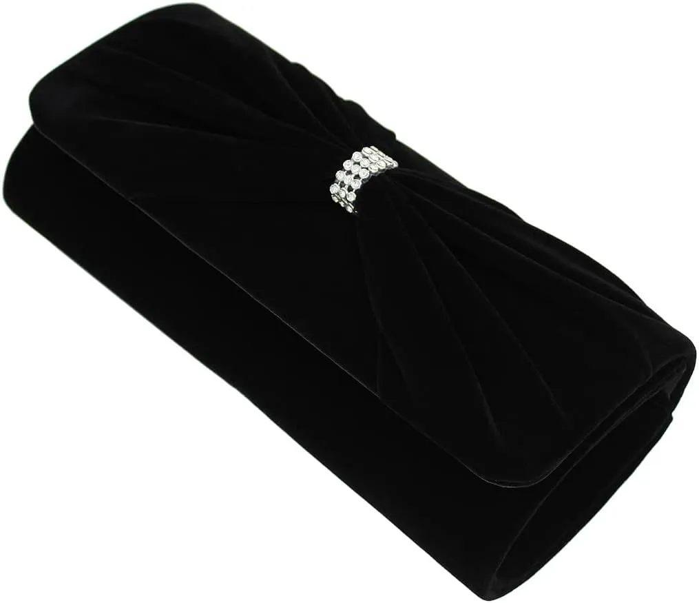 Elegant Rhinestone Bow Front Velvet Clutch Evening Bag Handbag