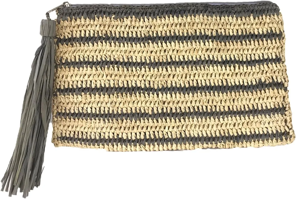 Emily Crochet Raffia Tassel Slim Clutch