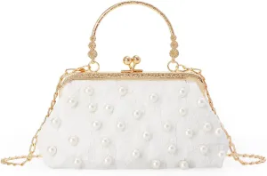 Emprier Women Beaded Evening Handbag Pearl Decoration Cute Clutch Purse Small Bridal Wedding Tote Bags