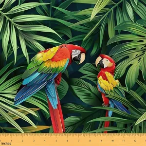 Erosebridal Parrot Birds Fabric by The Yard, Rainforest Palm Leaf Decorative Fabric, Green Wild Animal Safari Upholstery Fabric, Hawaiian Tropical Indoor Outdoor Fabric, 5 Yards