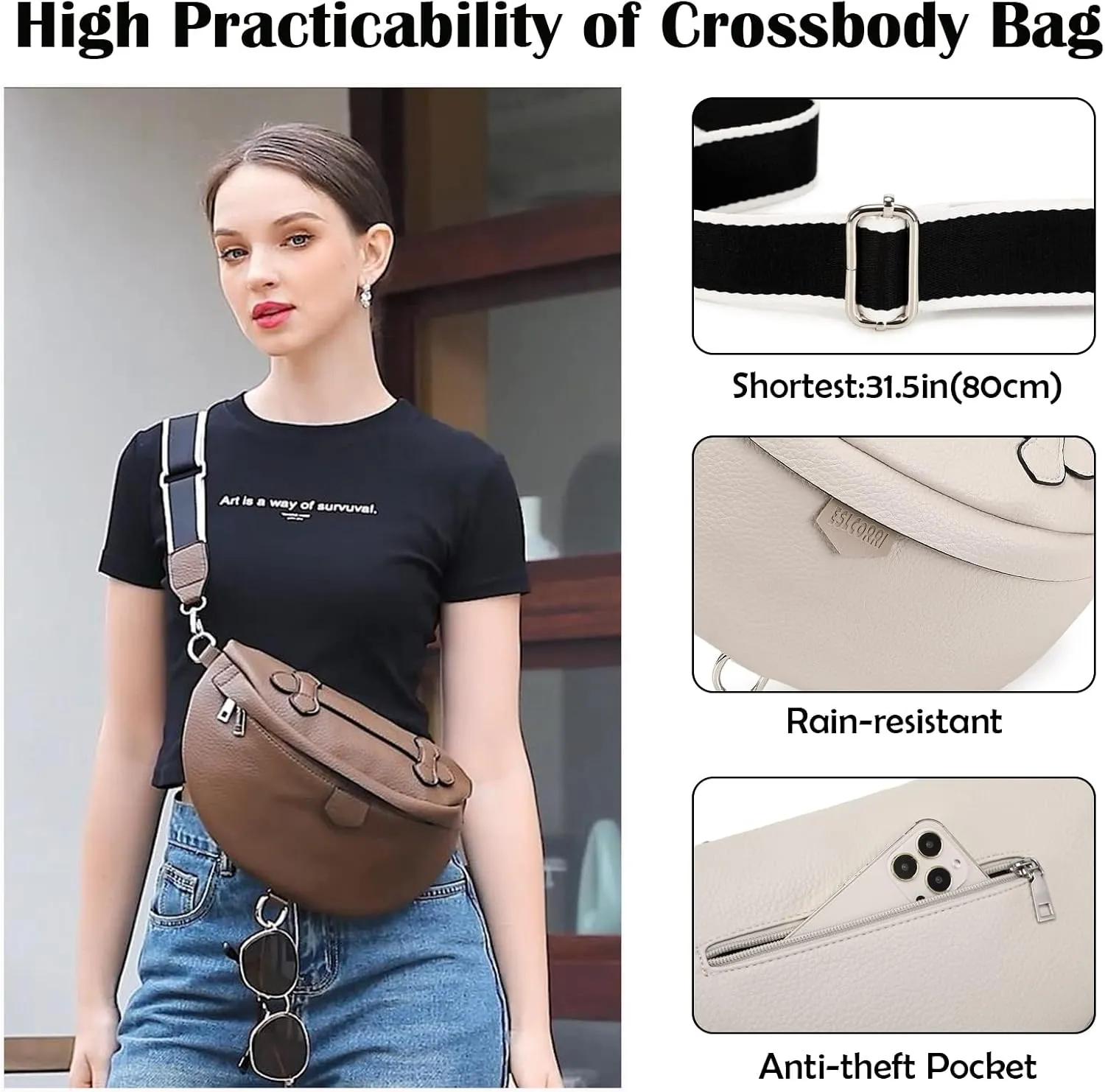 Eslcorri Crossbody Bags for Women - Fashion Sling Purse Shoulder Bag Fanny Pack Leather Causal Chest Bum Bag Cross Body Purse
