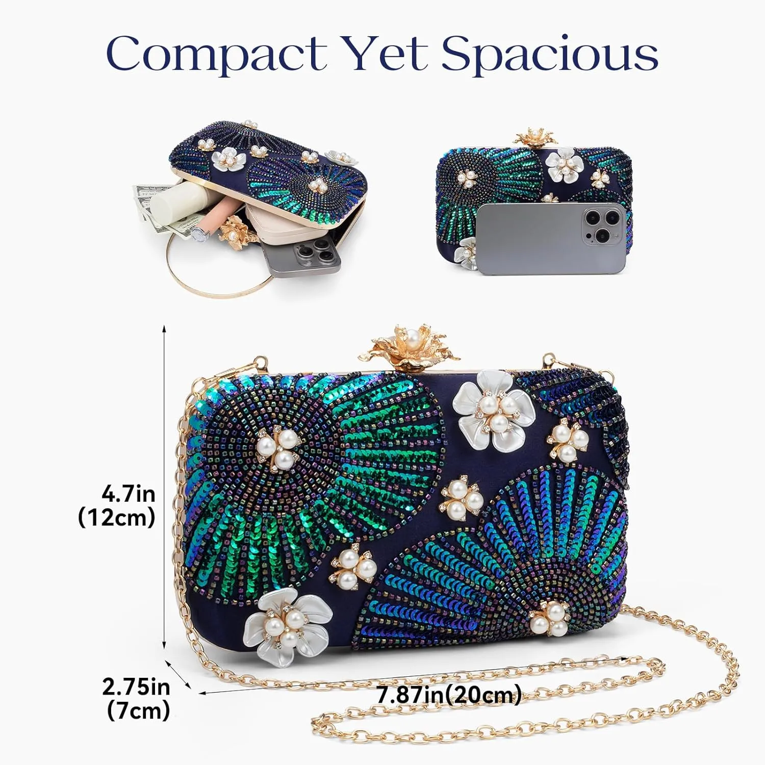 Evening Bag Clutch Purses for Women Beaded Sequin Peacock Party Handbag Wedding Purse