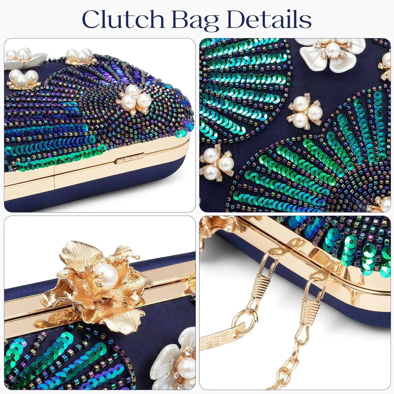 Evening Bag Clutch Purses for Women Beaded Sequin Peacock Party Handbag Wedding Purse