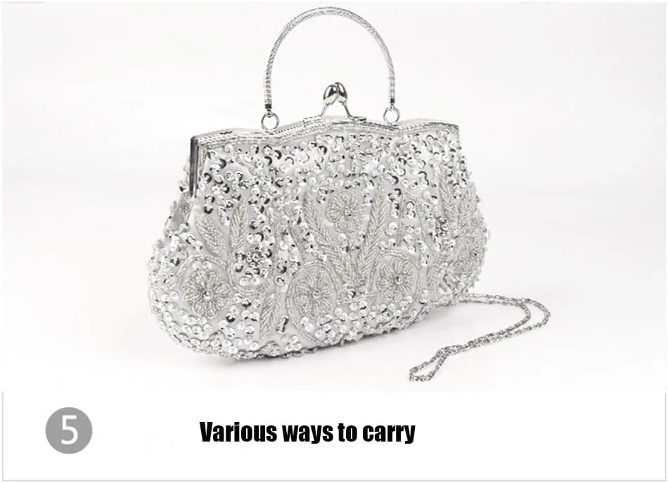 Evening Bag Womens Vintage Floral Beaded Rhinestone Embroidery Clutch Purse Evening Handbag Shoulder Bag for Wedding Party