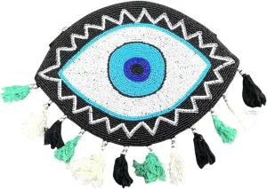 Evil Eye Beaded Clutch Bag, Decorative Tassels, Boho Crossbody Purse, Black and Turquoise