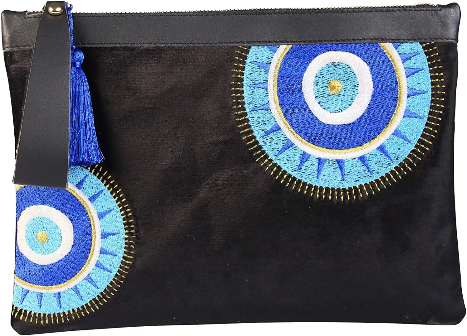 Evil Eye Embroidered Black Velvet Clutch Bag Sunny Beach Summer Style, Medium