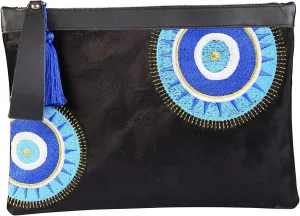 Evil Eye Embroidered Black Velvet Clutch Bag Sunny Beach Summer Style, Medium