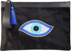 Evil Eye Embroidery Black Velvet Clutch Bag Eyes of RA Beach Summer Style, Medium