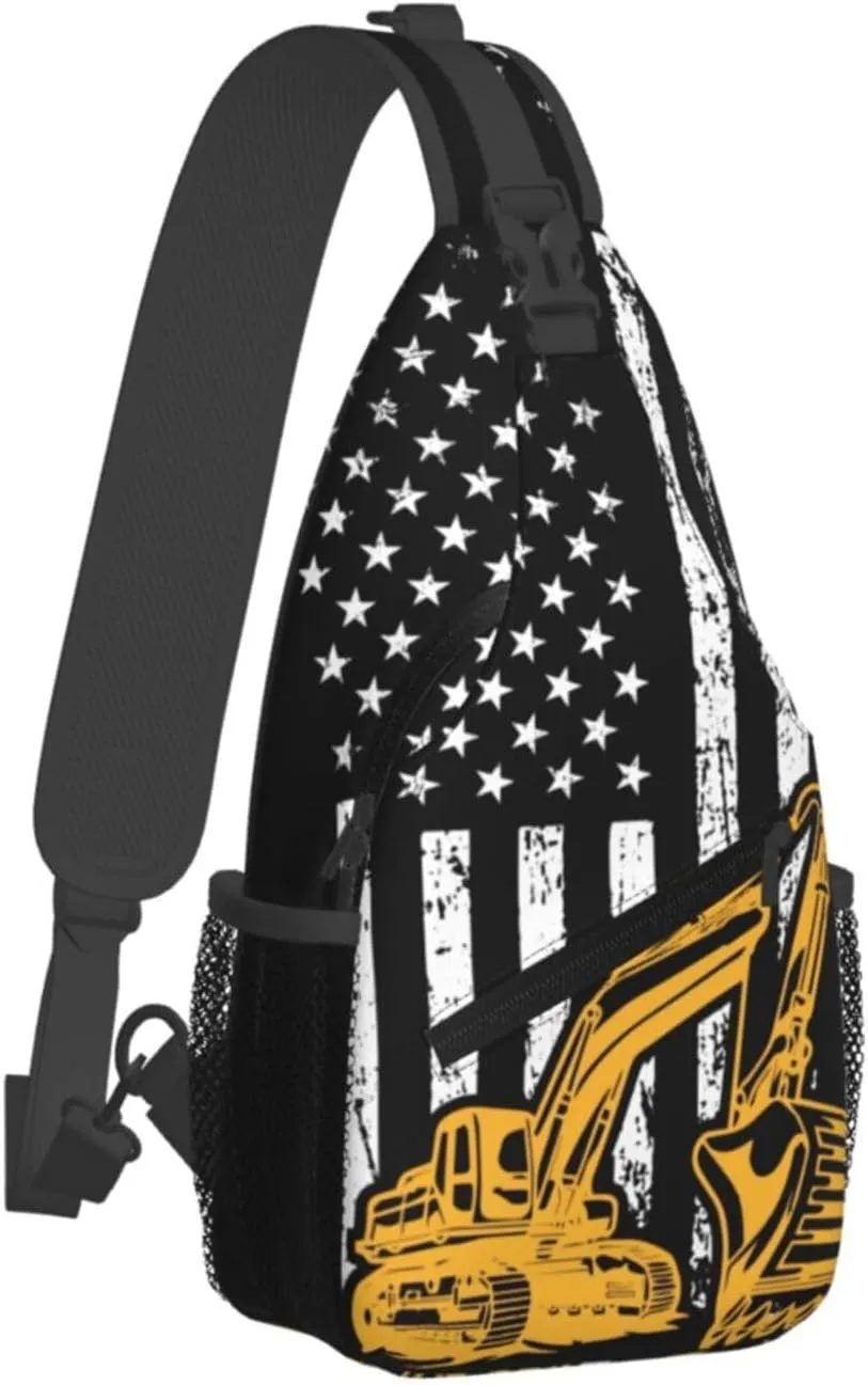Excavator American Flag Crossbody Bag Adjustable Sling Bag Casual Chest Bags Travel Shoulder Backpack