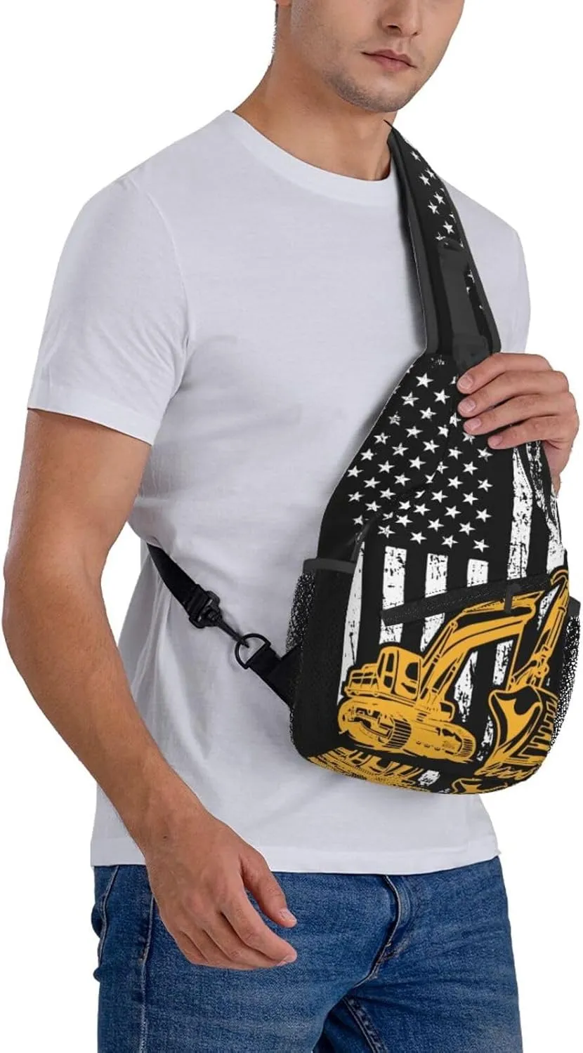 Excavator American Flag Crossbody Bag Adjustable Sling Bag Casual Chest Bags Travel Shoulder Backpack