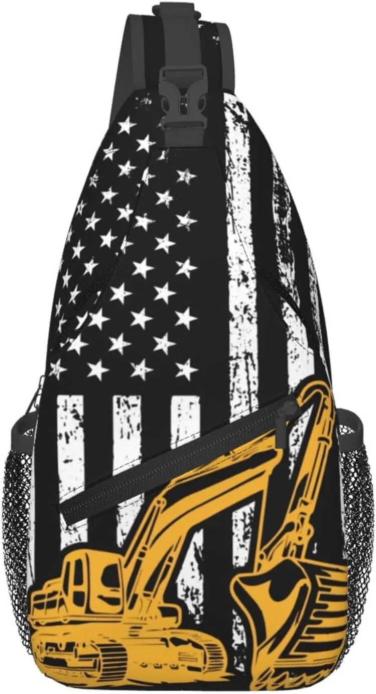 Excavator American Flag Crossbody Bag Adjustable Sling Bag Casual Chest Bags Travel Shoulder Backpack