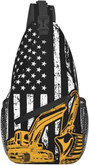 Excavator American Flag Crossbody Bag Adjustable Sling Bag Casual Chest Bags Travel Shoulder Backpack