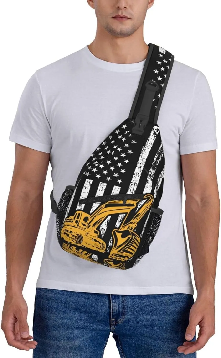Excavator American Flag Crossbody Bag Adjustable Sling Bag Casual Chest Bags Travel Shoulder Backpack