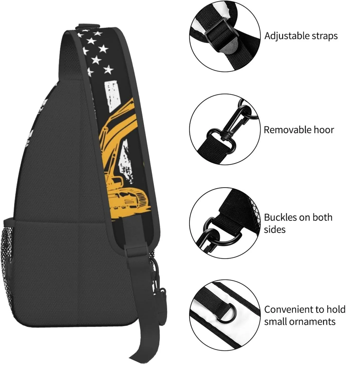Excavator American Flag Crossbody Bag Adjustable Sling Bag Casual Chest Bags Travel Shoulder Backpack