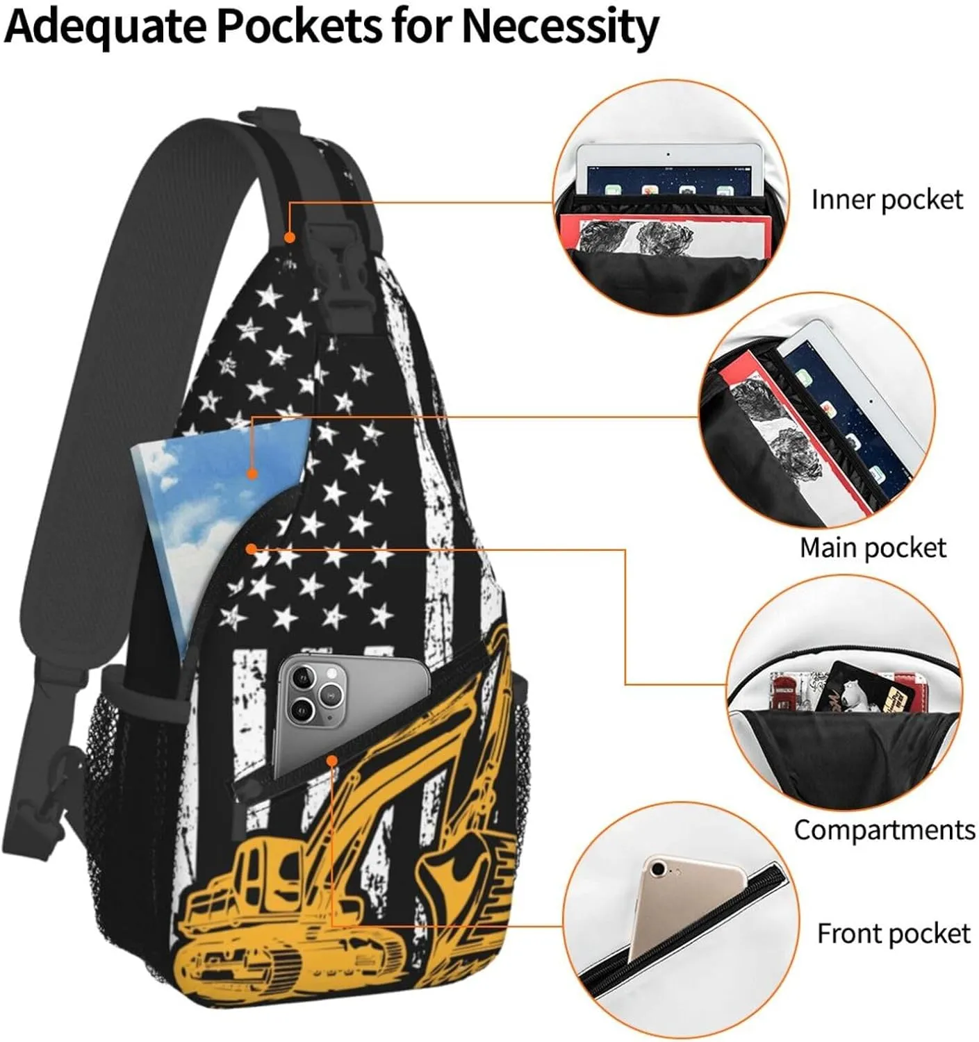 Excavator American Flag Crossbody Bag Adjustable Sling Bag Casual Chest Bags Travel Shoulder Backpack