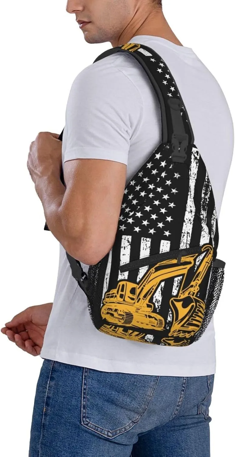 Excavator American Flag Crossbody Bag Adjustable Sling Bag Casual Chest Bags Travel Shoulder Backpack