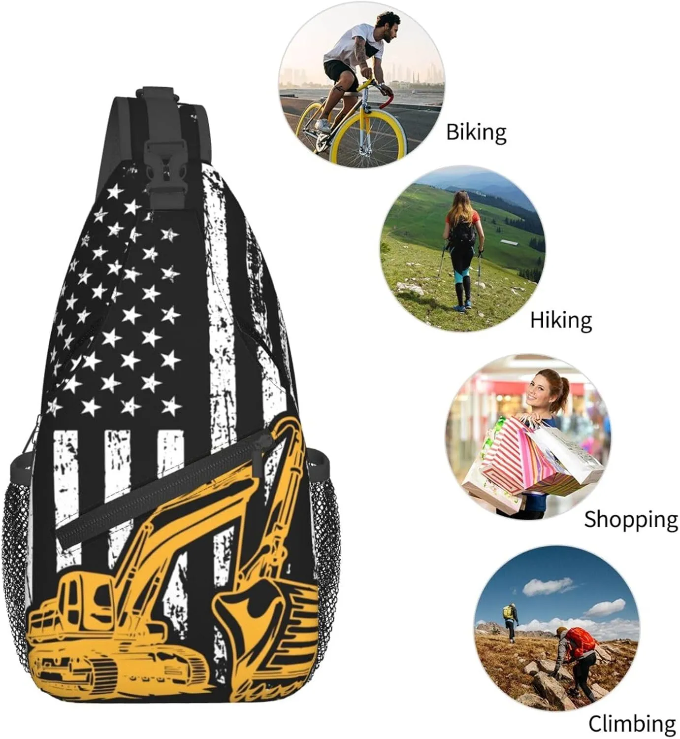 Excavator American Flag Crossbody Bag Adjustable Sling Bag Casual Chest Bags Travel Shoulder Backpack