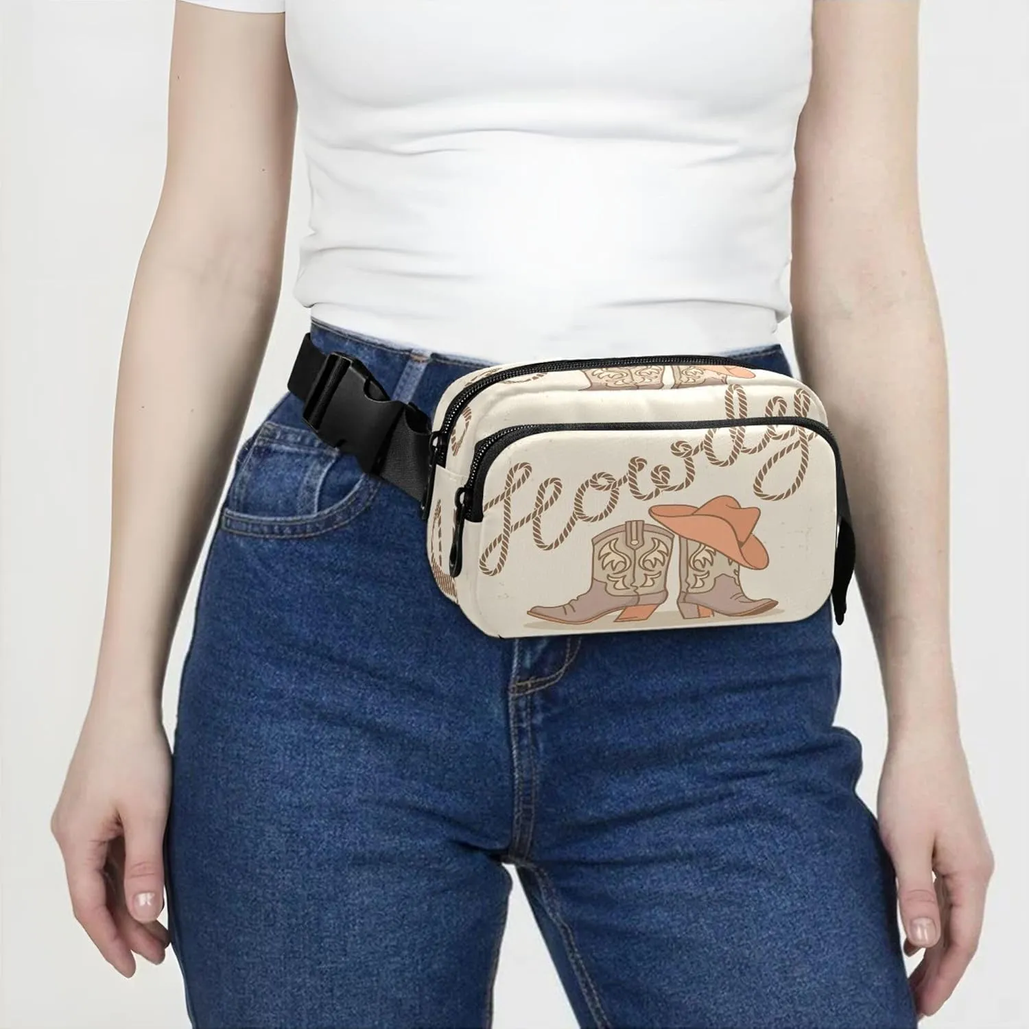Exnundod Cowboy Boots and Hat Fanny Pack Crossbody Waist, Howdy Text Fashion Waist Bag Waterproof Adjustable Belt Bag for Running Workout Travel