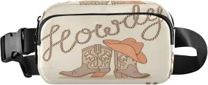 Exnundod Cowboy Boots and Hat Fanny Pack Crossbody Waist, Howdy Text Fashion Waist Bag Waterproof Adjustable Belt Bag for Running Workout Travel