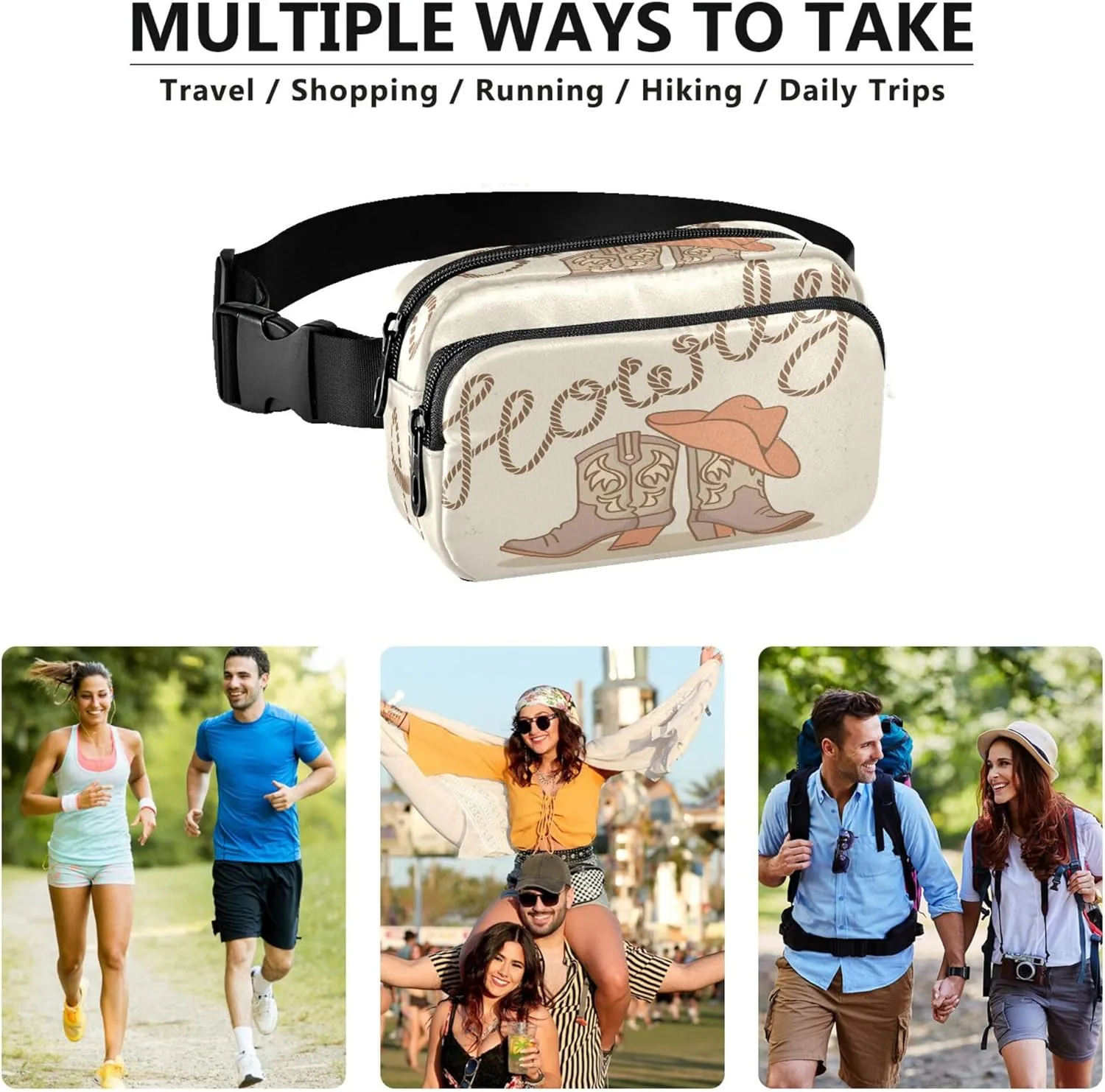 Exnundod Cowboy Boots and Hat Fanny Pack Crossbody Waist, Howdy Text Fashion Waist Bag Waterproof Adjustable Belt Bag for Running Workout Travel