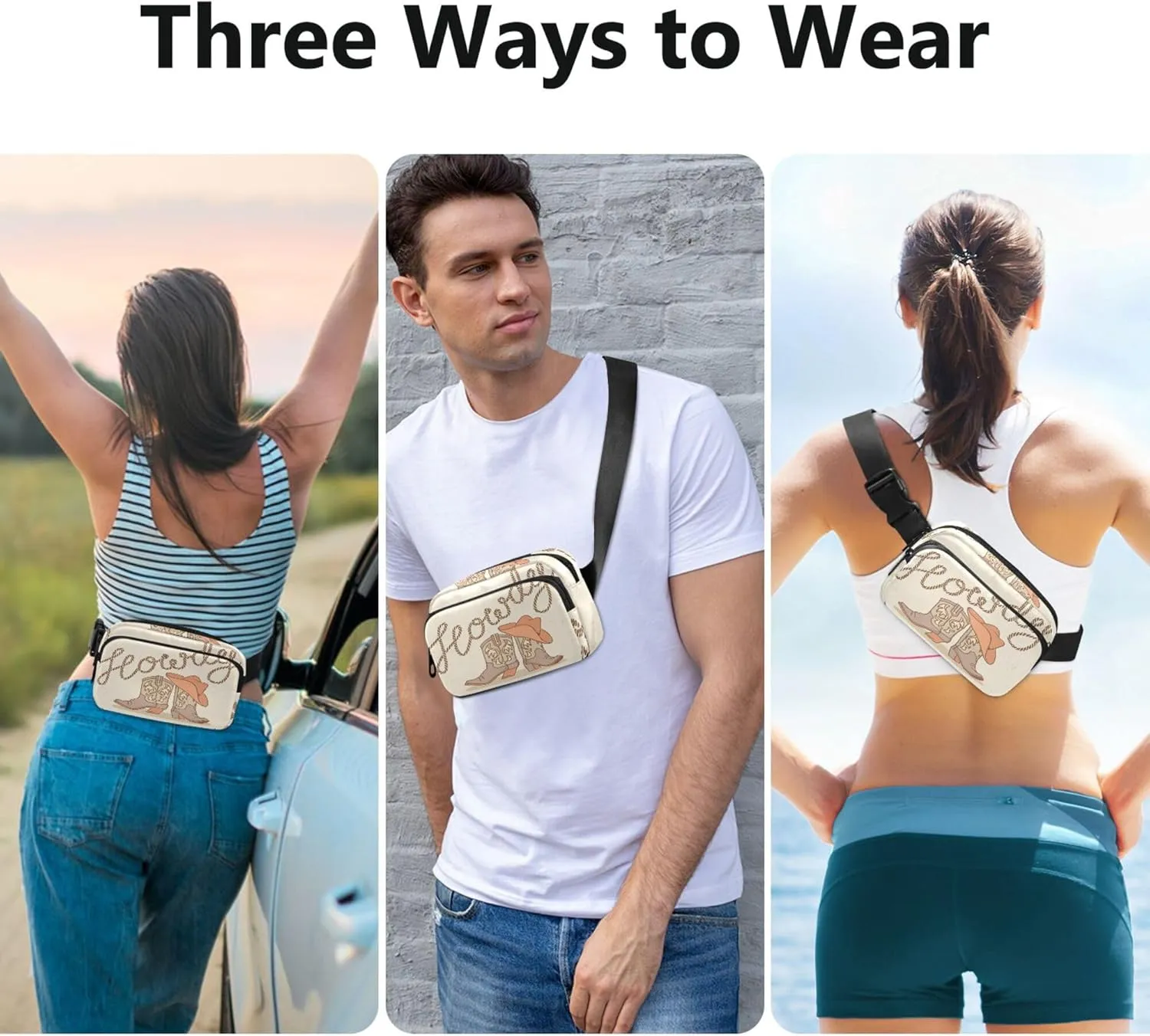 Exnundod Cowboy Boots and Hat Fanny Pack Crossbody Waist, Howdy Text Fashion Waist Bag Waterproof Adjustable Belt Bag for Running Workout Travel