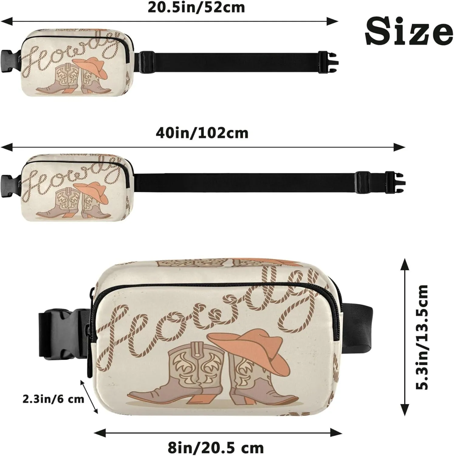 Exnundod Cowboy Boots and Hat Fanny Pack Crossbody Waist, Howdy Text Fashion Waist Bag Waterproof Adjustable Belt Bag for Running Workout Travel