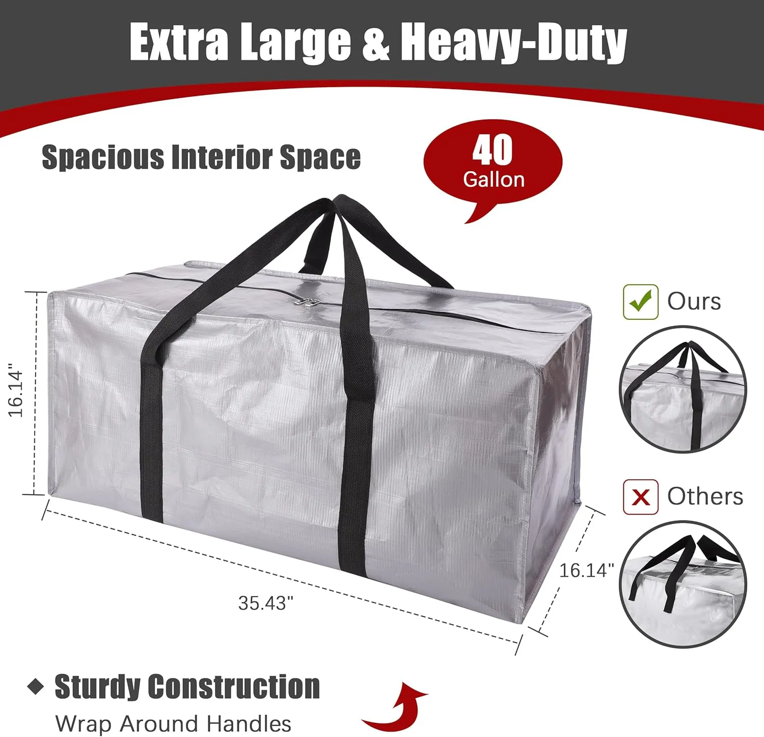Extra Large Moving Bags with Zippers & Carrying Handles, Heavy-Duty Storage Tote for Space Saving Moving Storage, Fold Flat, Alternative to Box and Bin - 8 Pack, 40 Gal, Silver