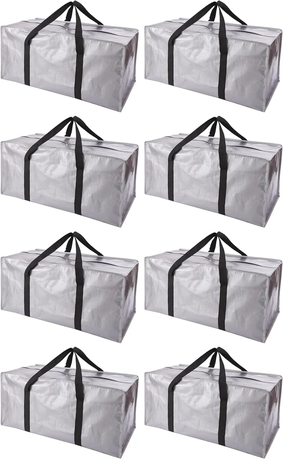 Extra Large Moving Bags with Zippers & Carrying Handles, Heavy-Duty Storage Tote for Space Saving Moving Storage, Fold Flat, Alternative to Box and Bin - 8 Pack, 40 Gal, Silver