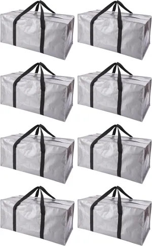 Extra Large Moving Bags with Zippers & Carrying Handles, Heavy-Duty Storage Tote for Space Saving Moving Storage, Fold Flat, Alternative to Box and Bin - 8 Pack, 40 Gal, Silver