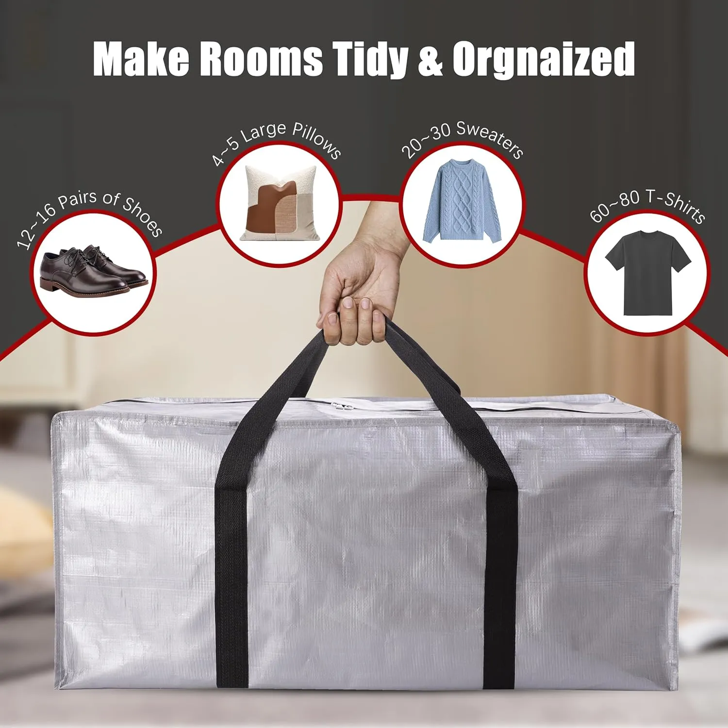 Extra Large Moving Bags with Zippers & Carrying Handles, Heavy-Duty Storage Tote for Space Saving Moving Storage, Fold Flat, Alternative to Box and Bin - 8 Pack, 40 Gal, Silver