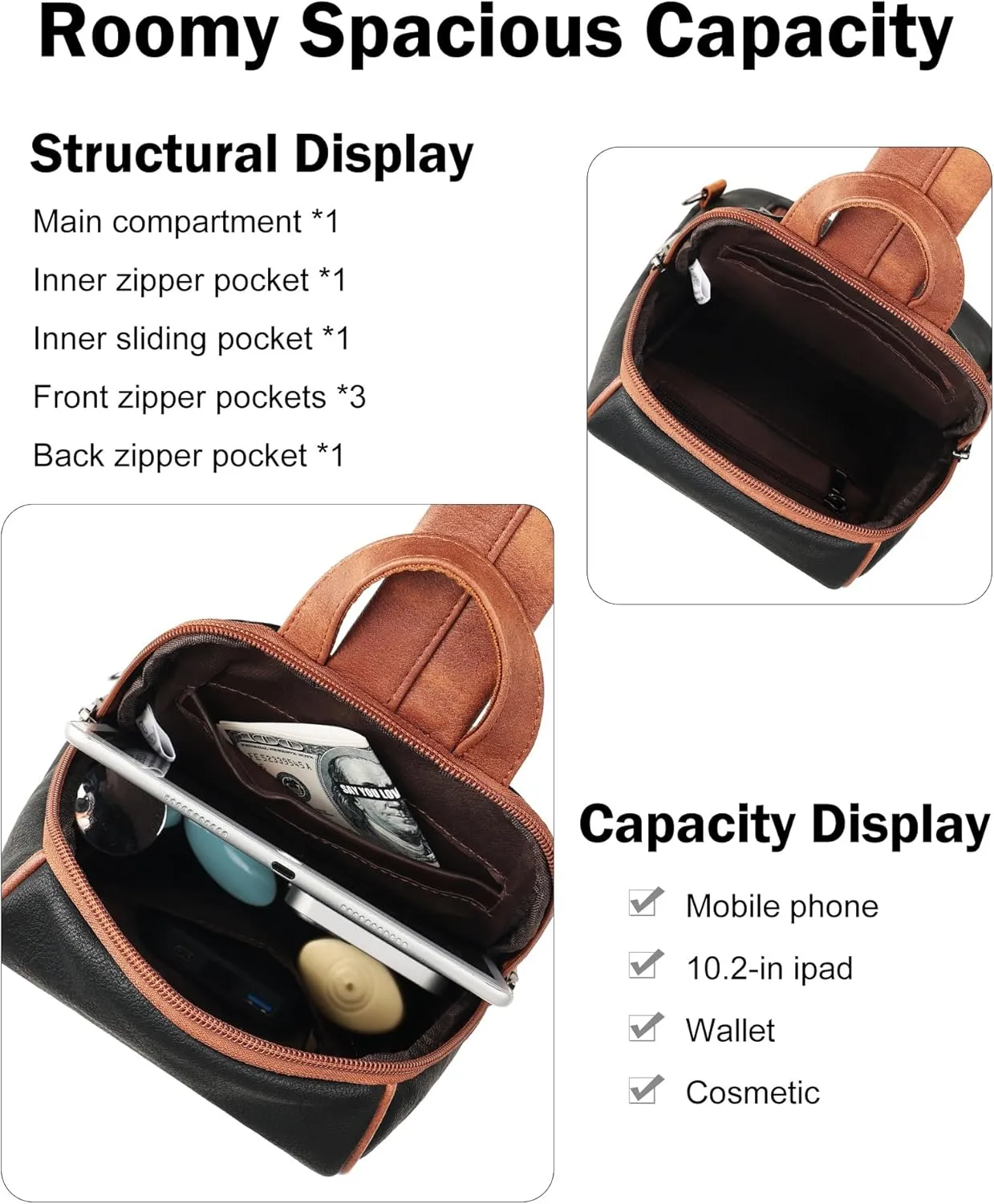 FADEON Sling Bag for Women Crossbody Purse Sling Bags, Designer Sling Purses Medium Travel Multi-Pocket Sling Backpack