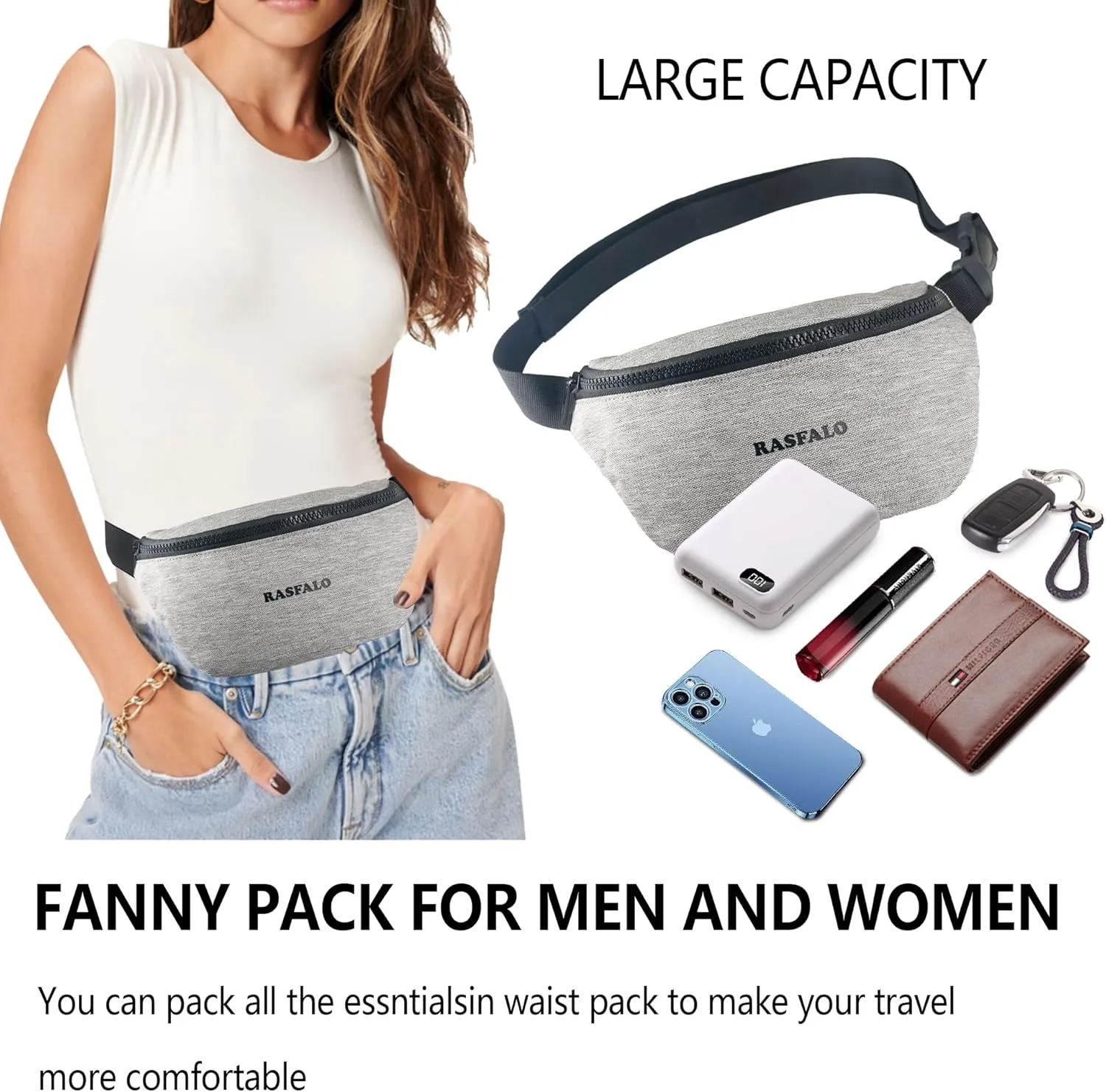 Fanny Pack & Crossbody Bag for Men Women, Fashion Waist Packs Adjustable Belt Bag for Sports, Workout, Traveling, Jogging, Hiking Hands-Free Carrying All Phones (Style 02, Linen Gray)