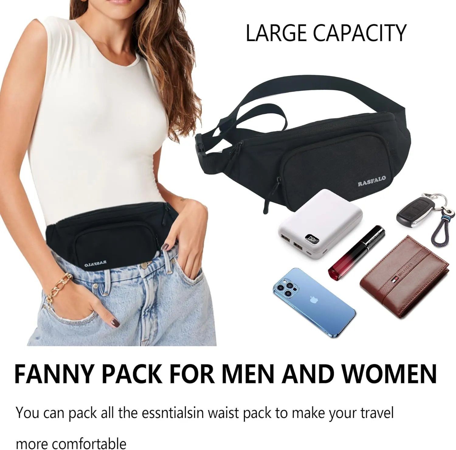 Fanny Pack & Crossbody Bag for Men Women, Fashion Waist Packs Adjustable Belt Bag for Sports, Workout, Traveling, Jogging, Hiking Hands-Free Carrying All Phones (Style 03, Black)