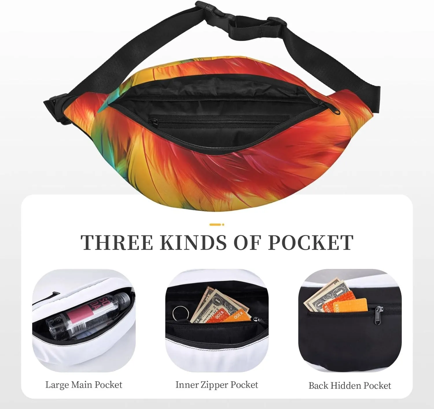 Fanny Pack Belt Bag for Women Men Waterproof Waist Pack Among Flowers Giraffe Waist Bag with Adjustable Strap, Fantastic Parrot Feather, One Size