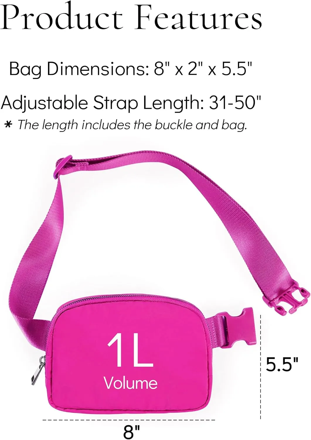 Fanny Pack Cross Body Bag Small Crossbody Bags for Women Men Trendy Nylon Waterproof Mini Purse Travel Running Belt Bag Lulu Dupes Bum Hip Chest Waist Pack Side Bag Must Have Fuchsia